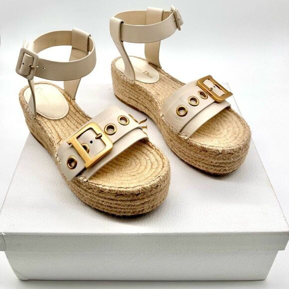 CHRISTIAN DIOR D-Dior Espadrille Platform Sandals White Leather EU 38 US 8 - Picture 1 of 12
